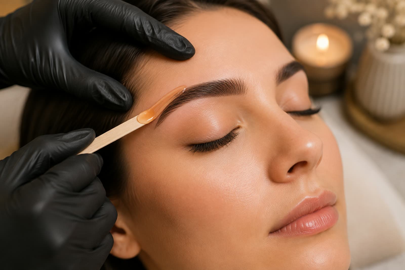 A brow being shaped with wax during a brow lamination service