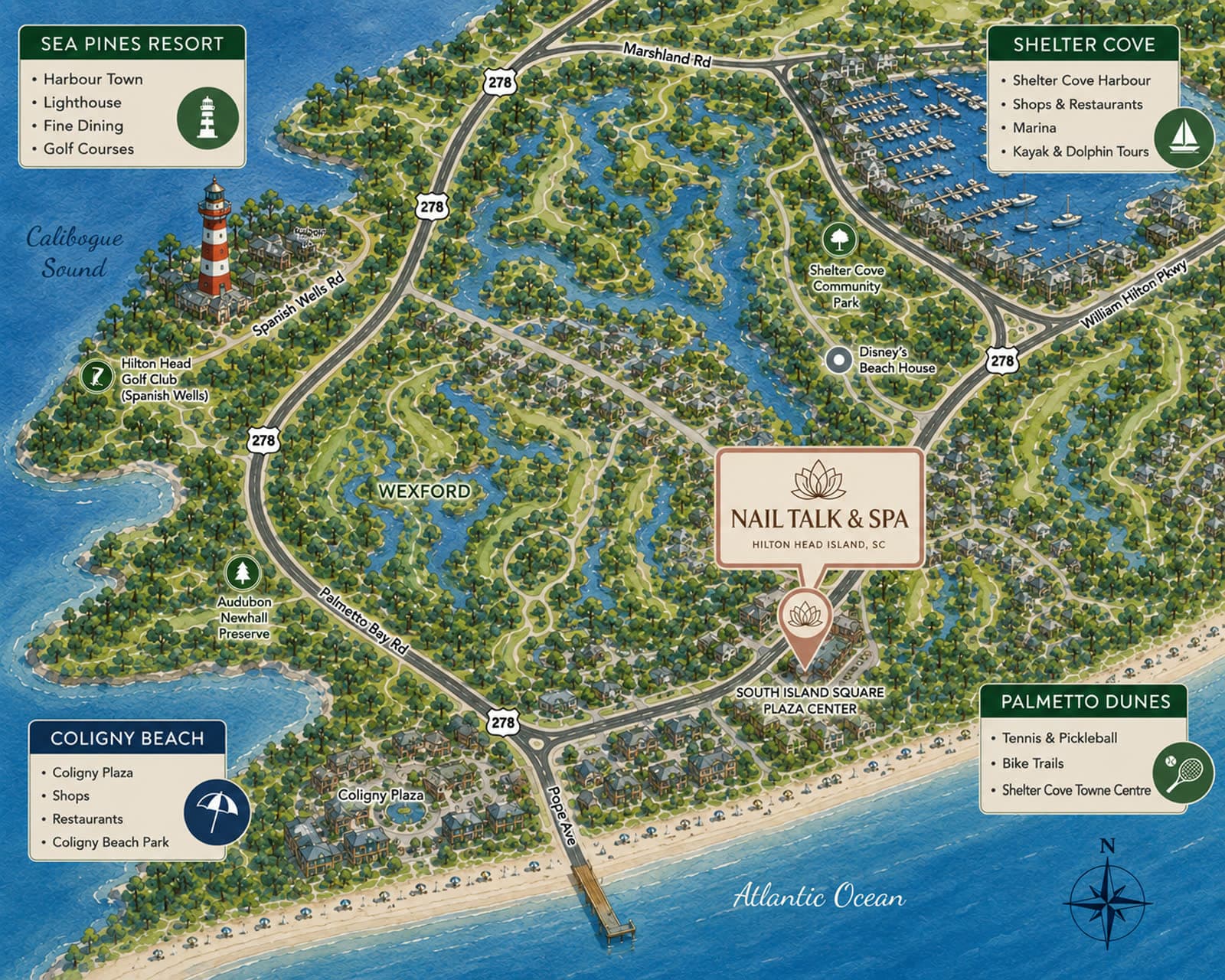 Illustrated map of Hilton Head Island showing Nail Talk & Spa's location near Wexford, Sea Pines, Shelter Cove, Coligny Beach, and Palmetto Dunes